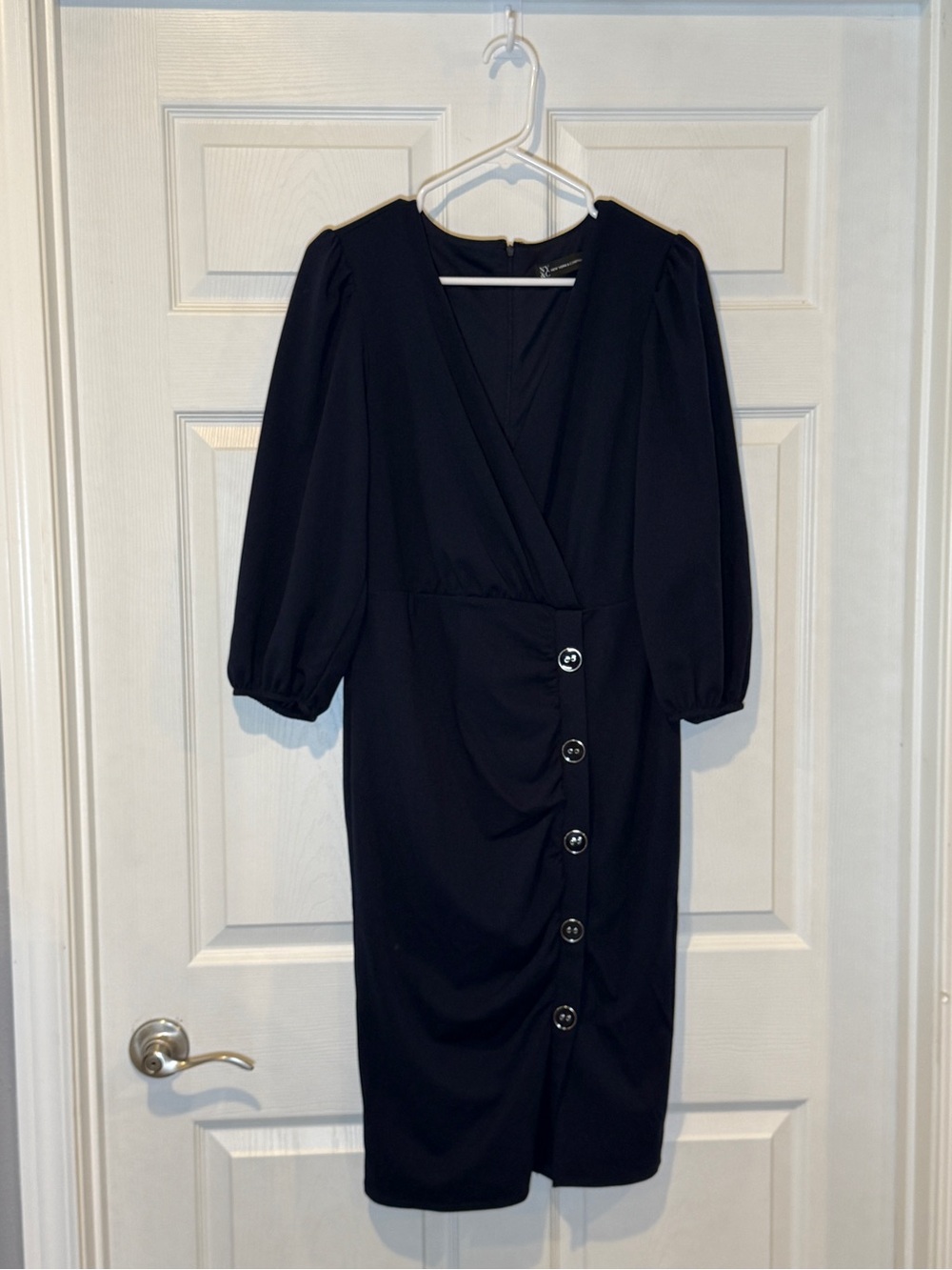 NWT New York & Company Button-Front Navy Midi Wrap Dress with 3/4 Sleeves